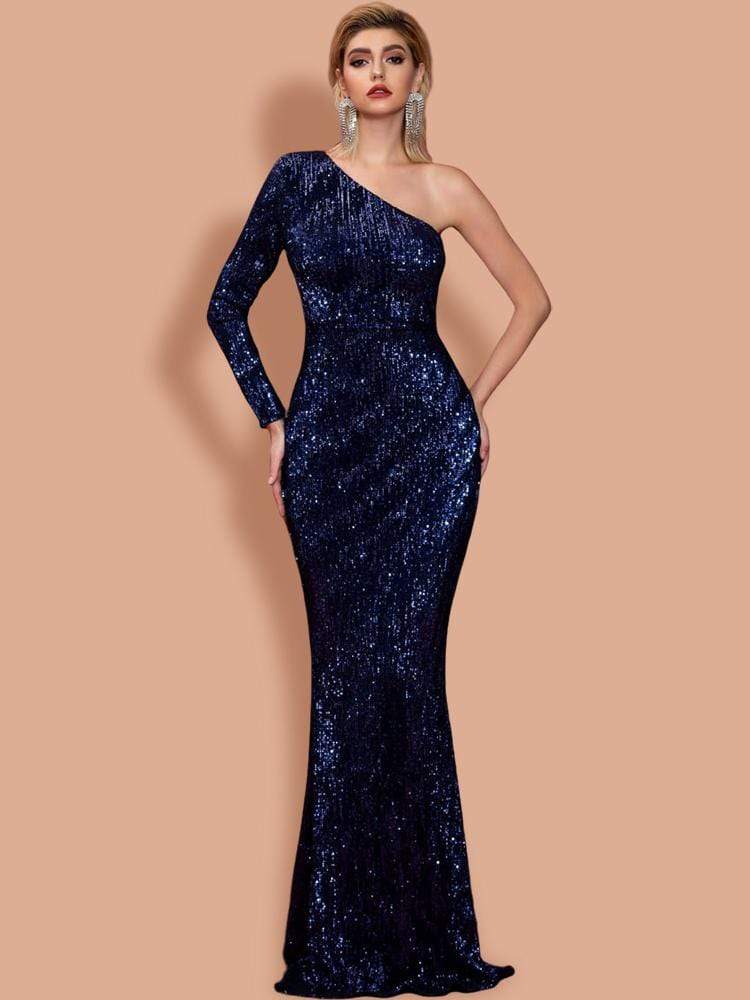 Anya Sequins One Sleeve Gown - Navy