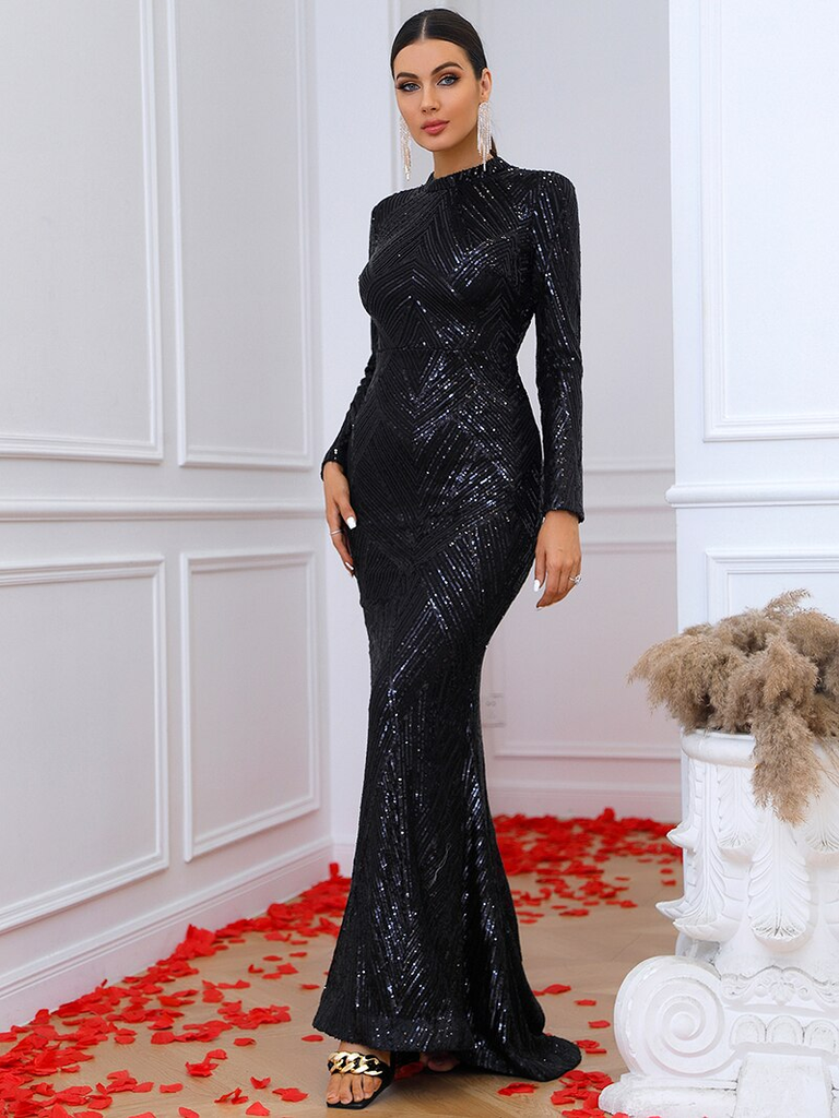 Long black sequin best sale gown